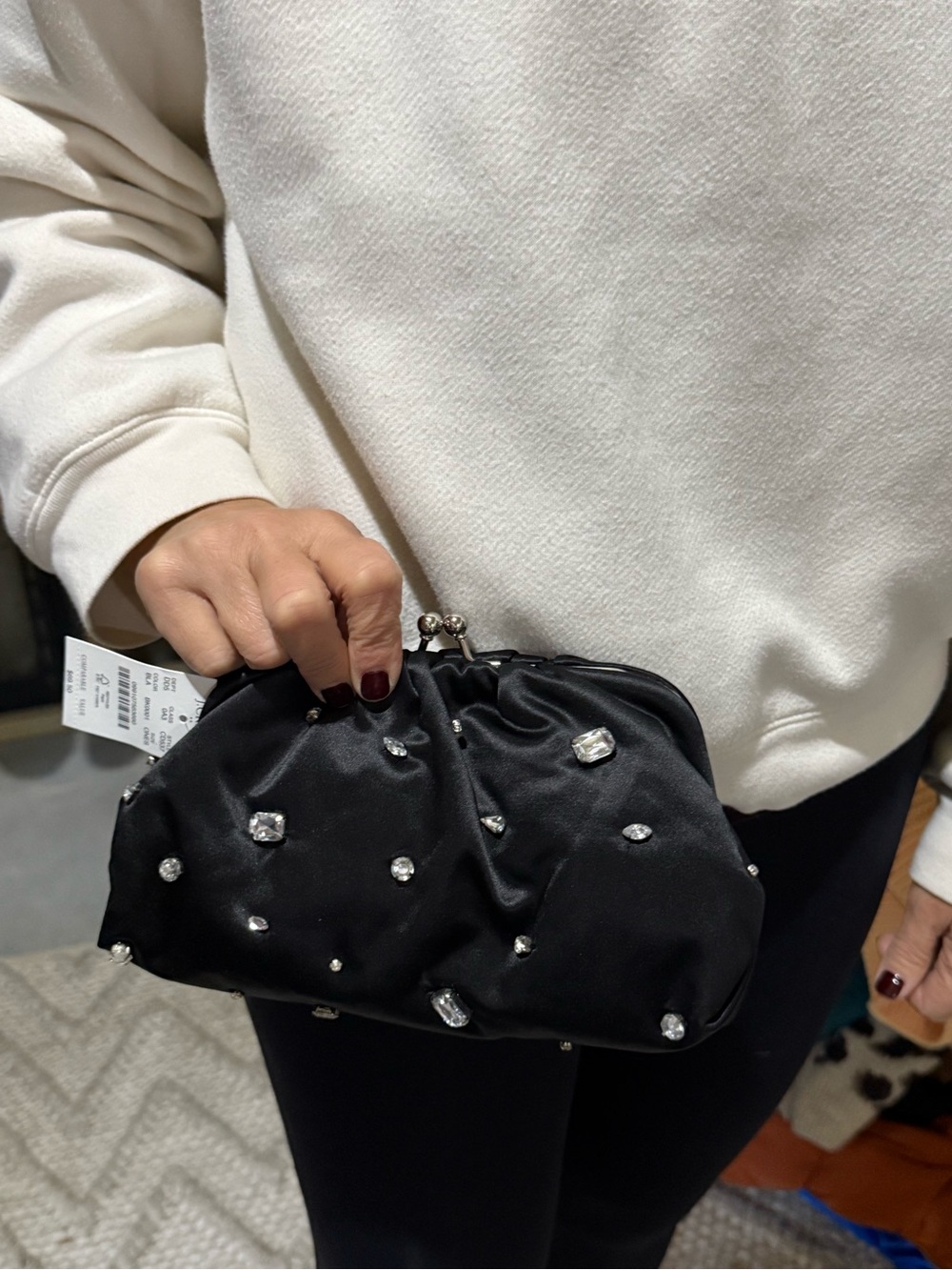J. Crew Black Satin Jewel-Embellished Kiss-Lock Clutch